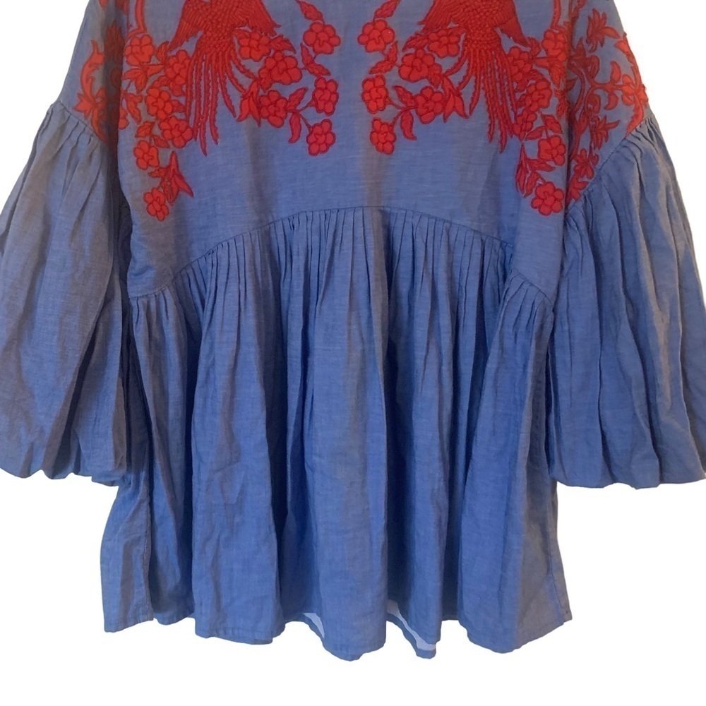 Anthropologie Liana Shirt Blue Red Size Small Balloon Sleeve Boho Embroidered - Picture 7 of 11